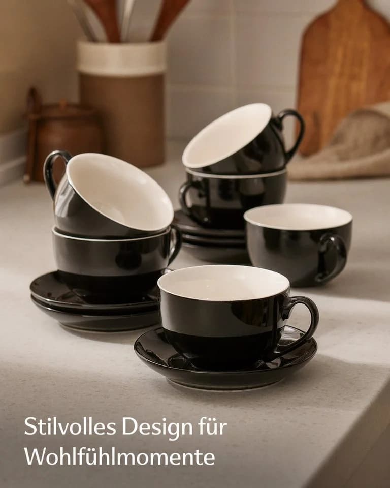 Cosumy Cappuccino Tassen Set 6-tlg. mit Untertassen Schwarz Keramik 180ml