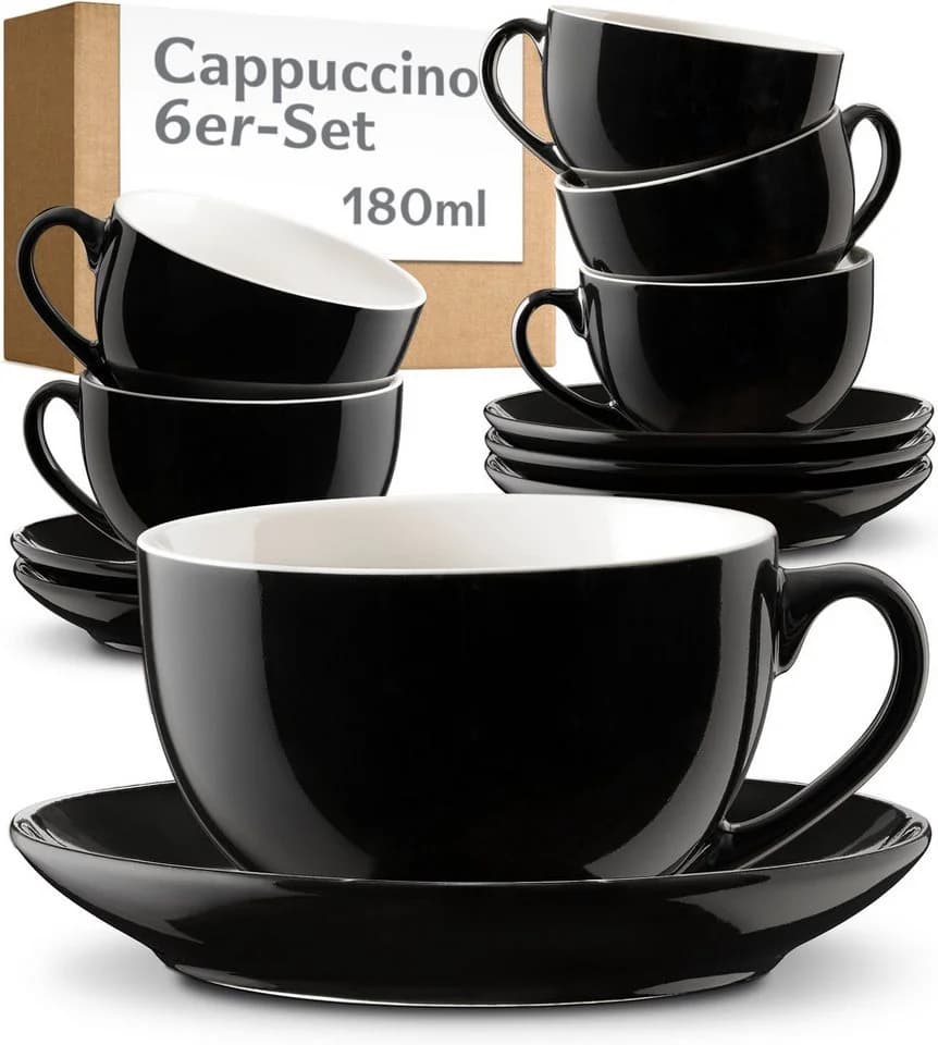 Cosumy Cappuccino Tassen Set 6-tlg. mit Untertassen Schwarz Keramik 180ml - Bild 2
