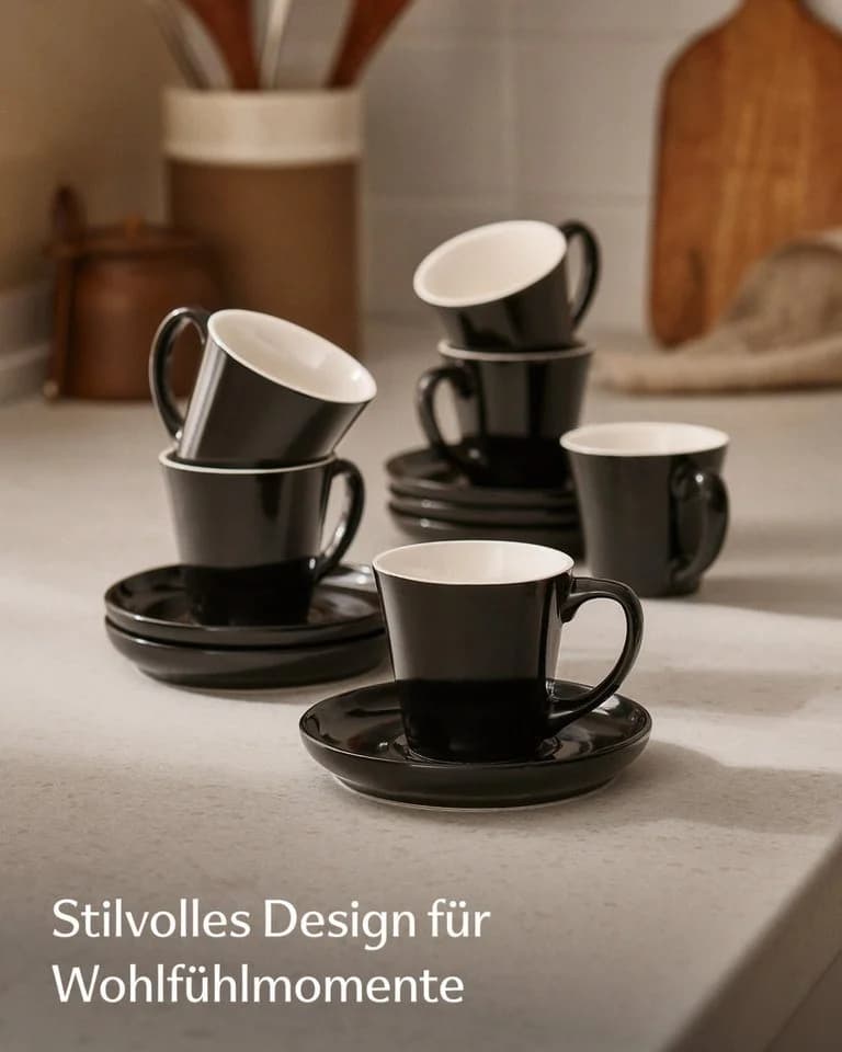 Cosumy Espressotassen-Set 6-tlg. mit Untertassen Schwarz Keramik 70ml
