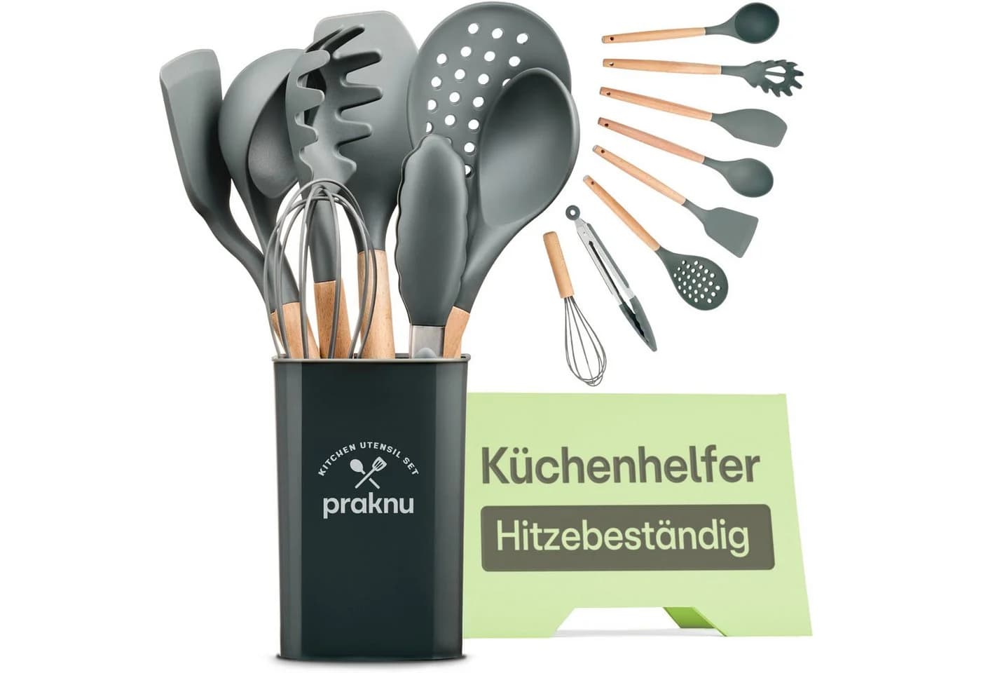 Praknu 8-tlg. Kochbesteck-Set Silikon Edelstahl Grau mit Halterung - Bild 2