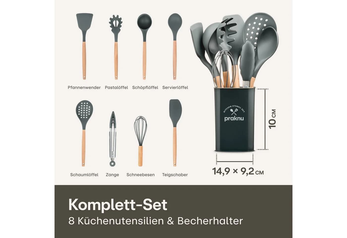 Praknu 8-tlg. Kochbesteck-Set Silikon Edelstahl Grau mit Halterung - Bild 3