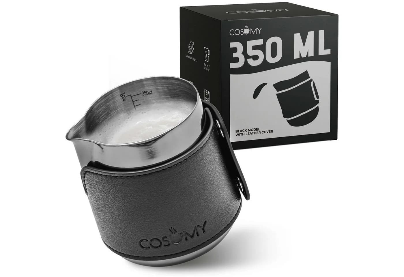 Cosumy Milchkännchen Barista Edelstahl 350ml mit Lederhülle - Bild 2