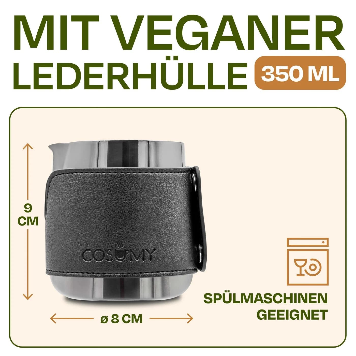 Cosumy Milchkännchen Barista Edelstahl 350ml mit Lederhülle - Bild 3