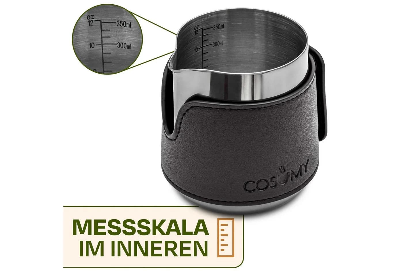 Cosumy Milchkännchen Barista Edelstahl 350ml mit Lederhülle - Bild 5