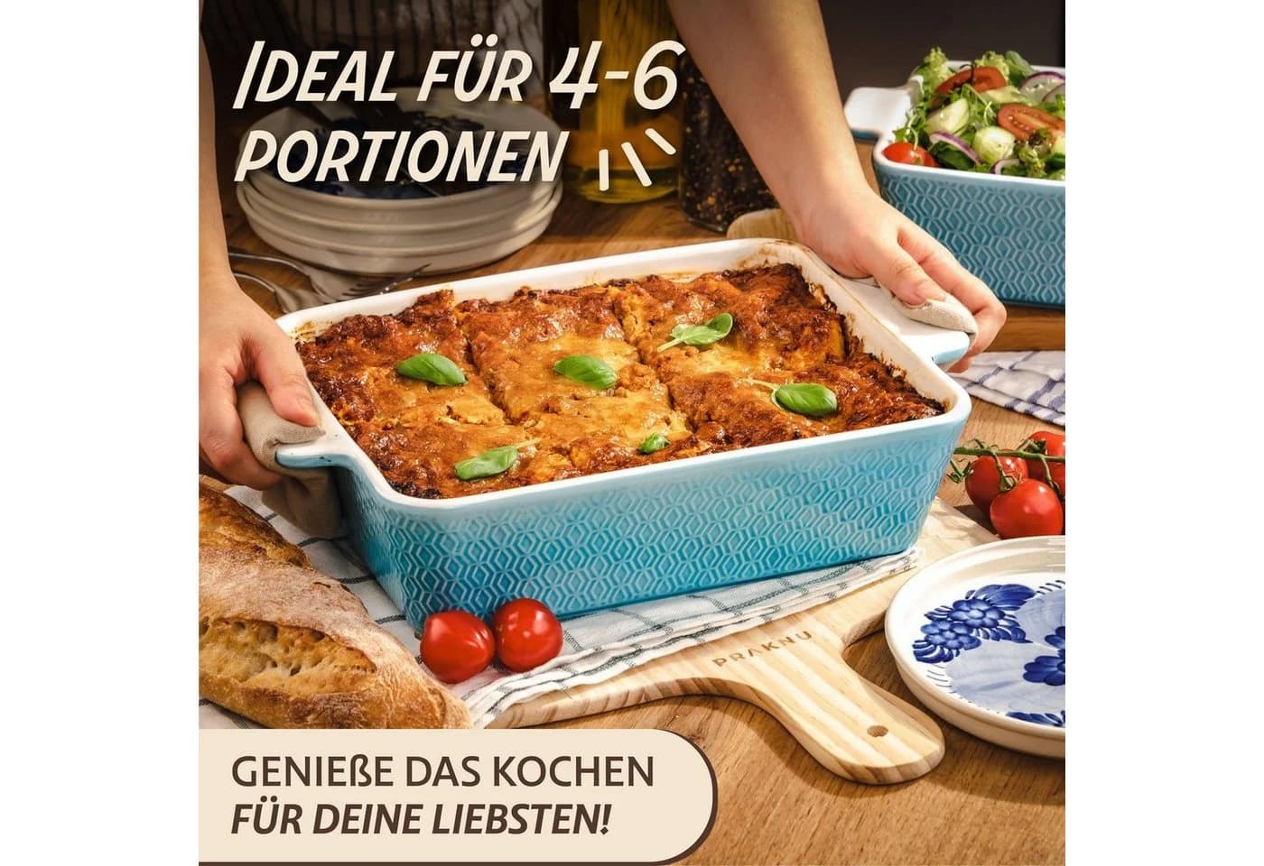Praknu Auflaufform Blau 28cm Keramik mit Antihaftbeschichtung
