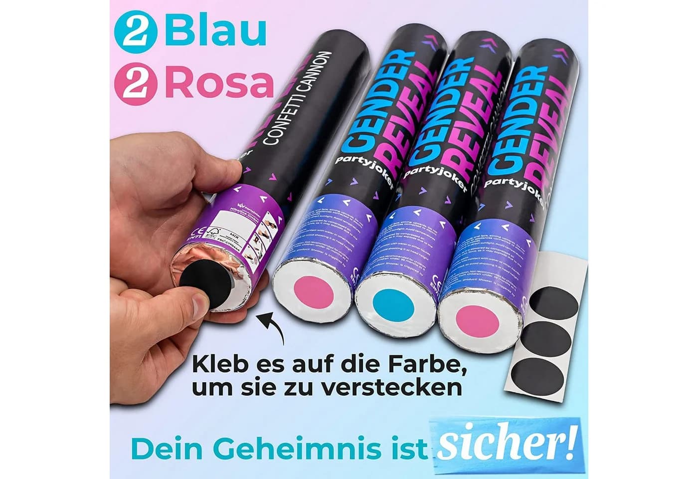 Praknu Konfetti Gender Reveal Kanone 2 Rosa & 2 Blau Biologisch Abbaubar - Bild 3