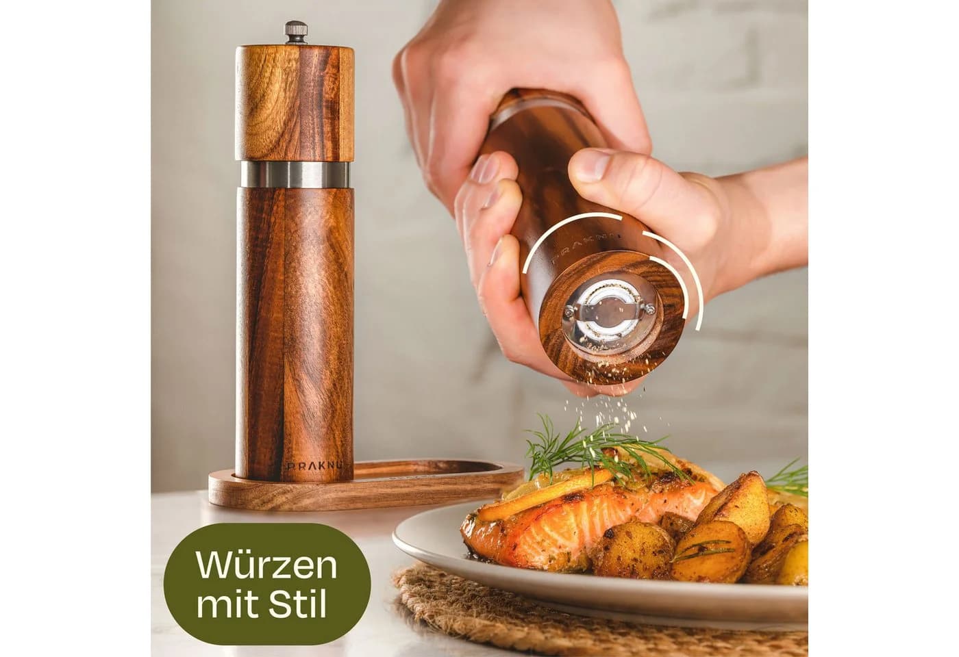 Praknu Salz- und Pfeffermühle aus massivem Akazienholz mit Keramikmahlwerk