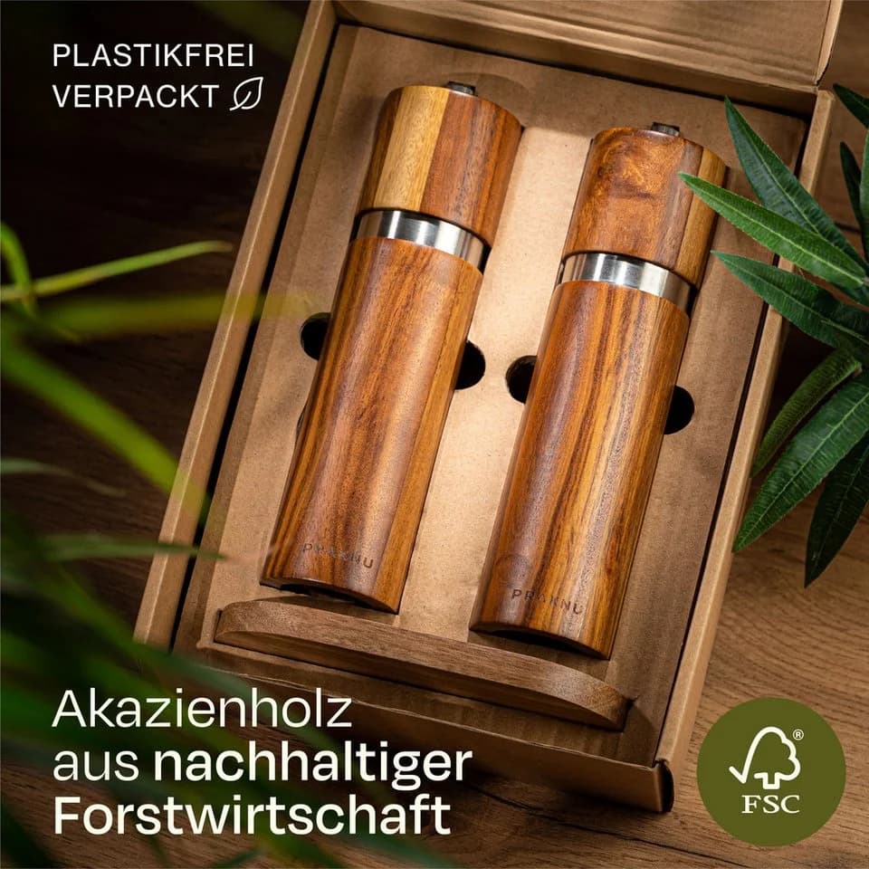 Praknu Salz- und Pfeffermühle aus massivem Akazienholz mit Keramikmahlwerk - Bild 5