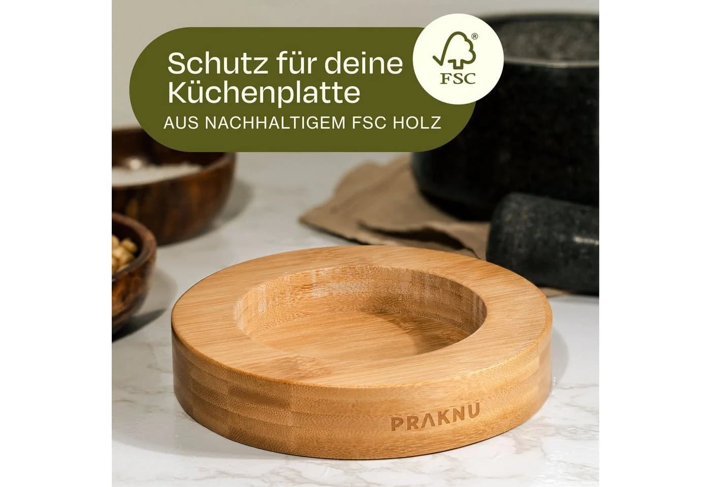 Praknu Mörser mit Stößel aus Granit Anthrazit mit FSC Holz Untersetzer - Bild 3