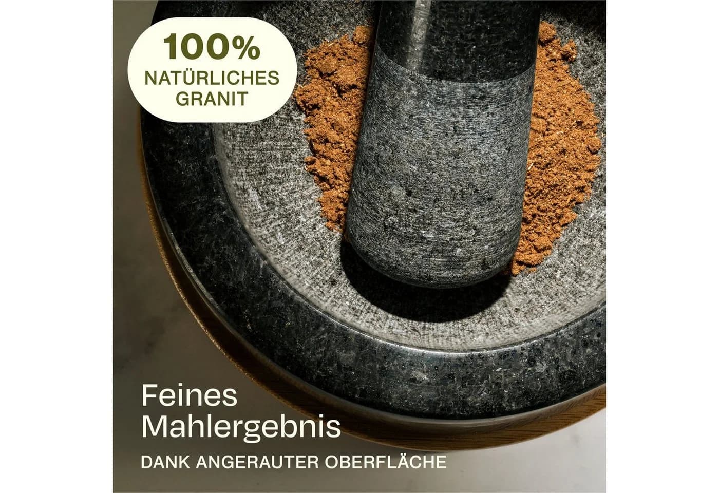Praknu Mörser mit Stößel aus Granit Anthrazit mit FSC Holz Untersetzer - Bild 5