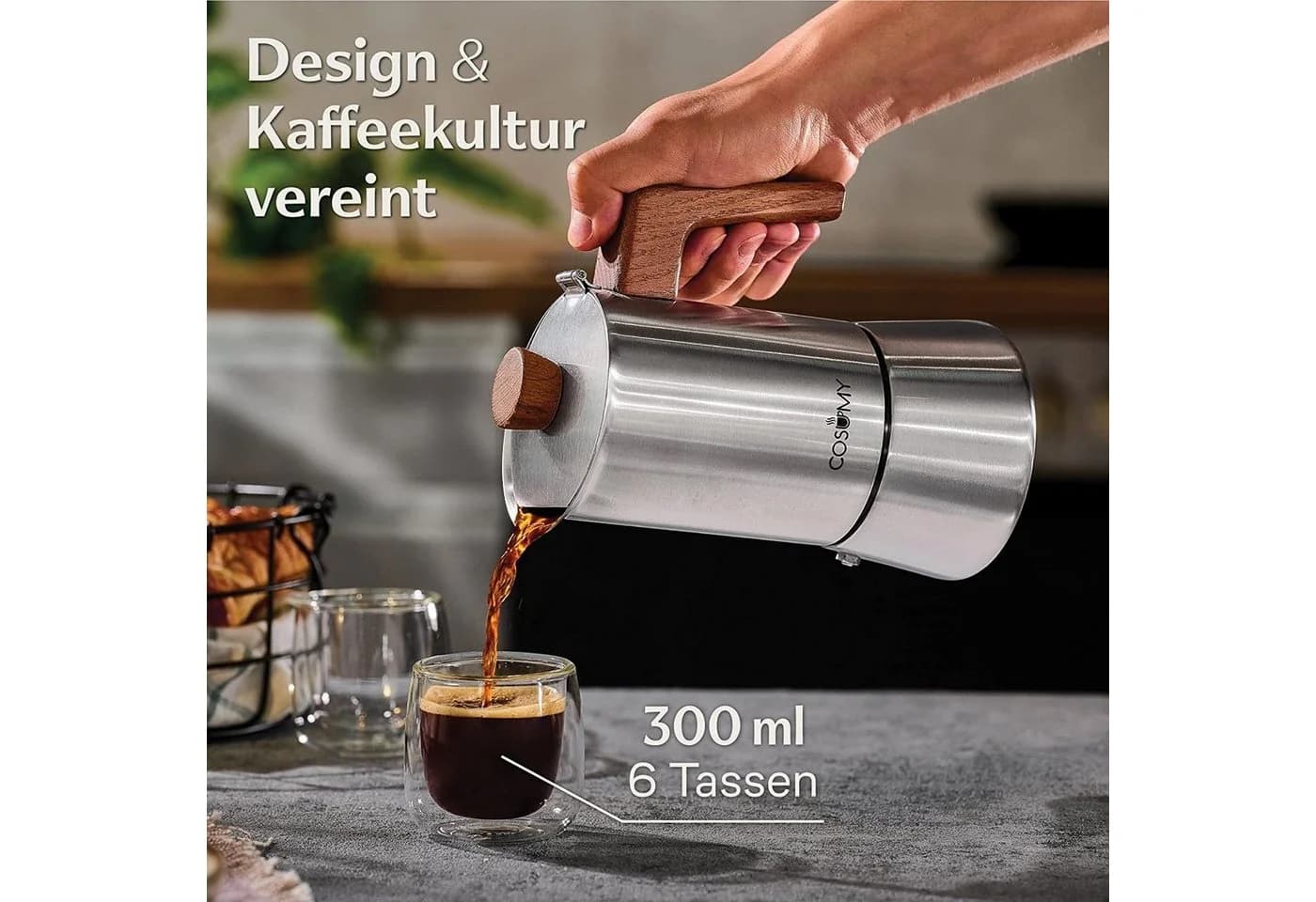 Cosumy Espressokocher Edelstahl Eichenholz Induktionsgeeignet 300ml
