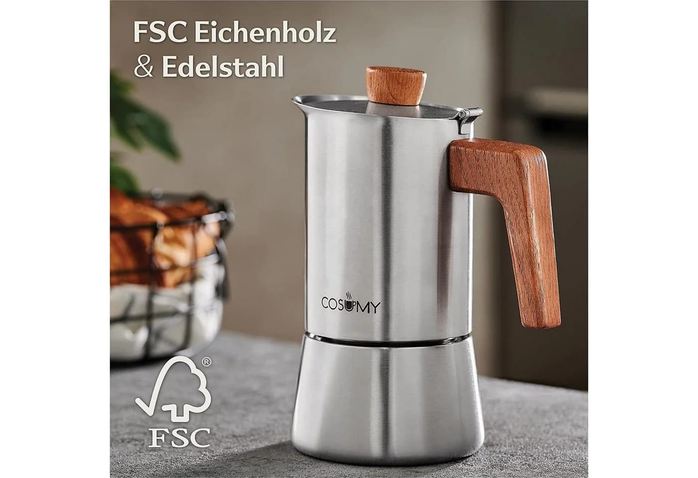 Cosumy Espressokocher Edelstahl Eichenholz Induktionsgeeignet 300ml - Bild 3