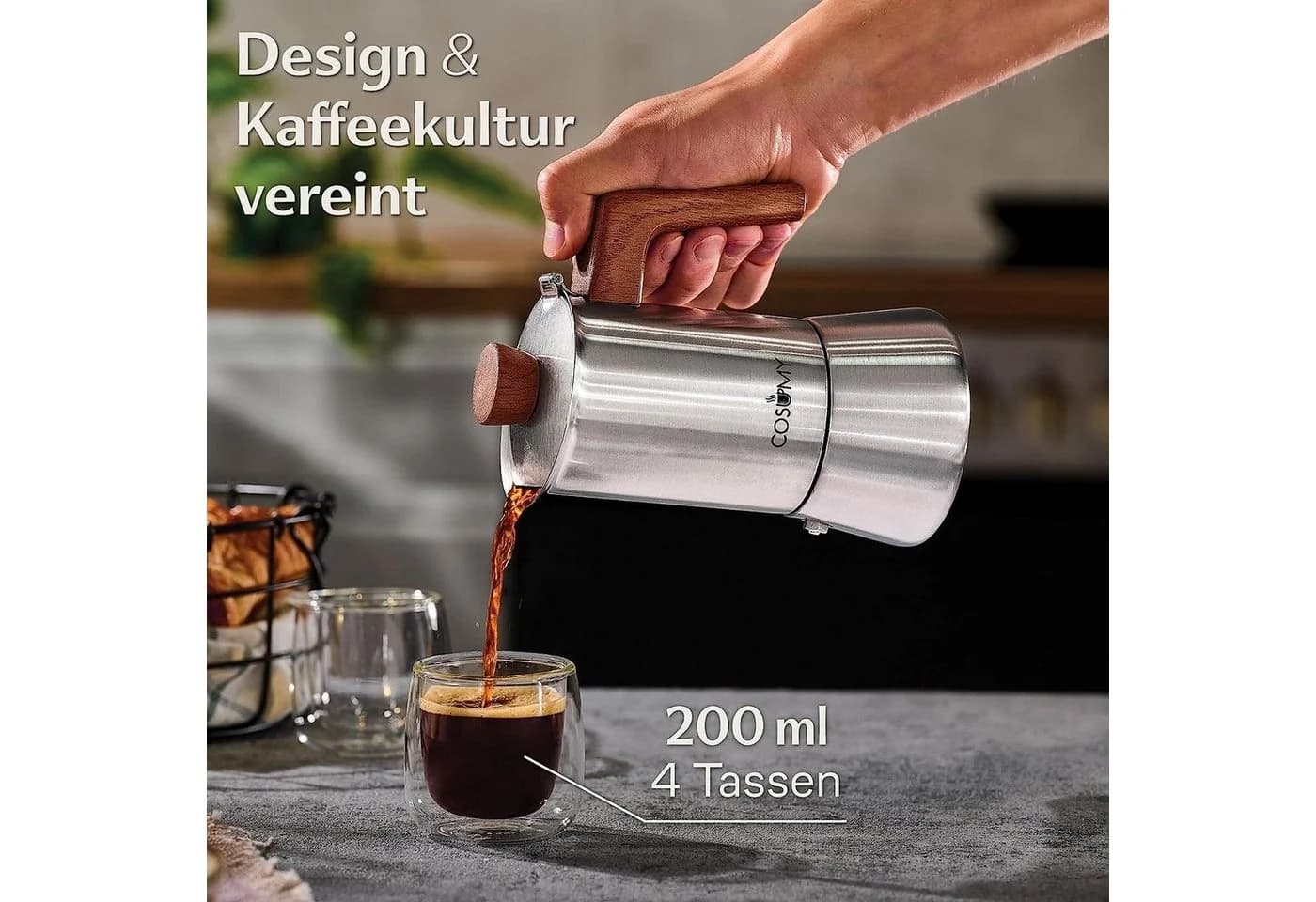 Cosumy Espressokocher Induktionsgeeignet FSC Eichenholz Silber
