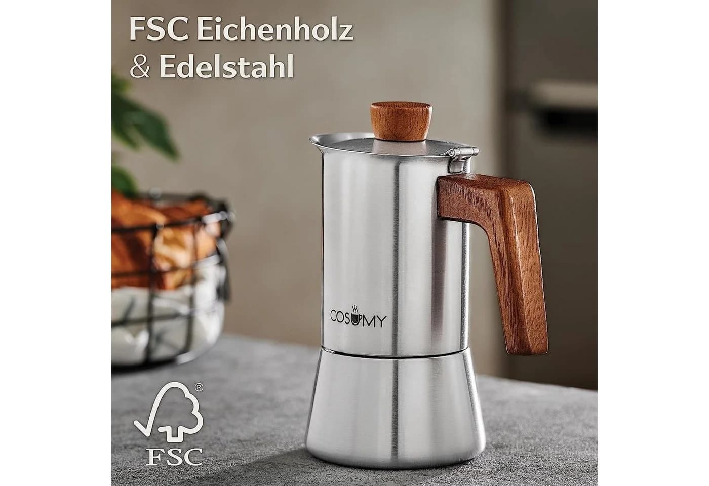 Cosumy Espressokocher Induktionsgeeignet FSC Eichenholz Silber - Bild 3
