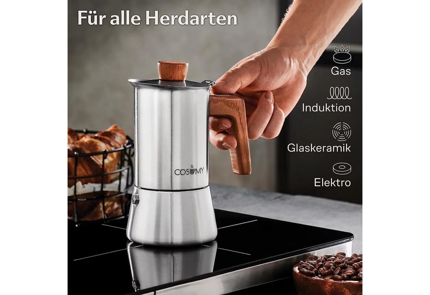 Cosumy Espressokocher Induktionsgeeignet FSC Eichenholz Silber - Bild 4