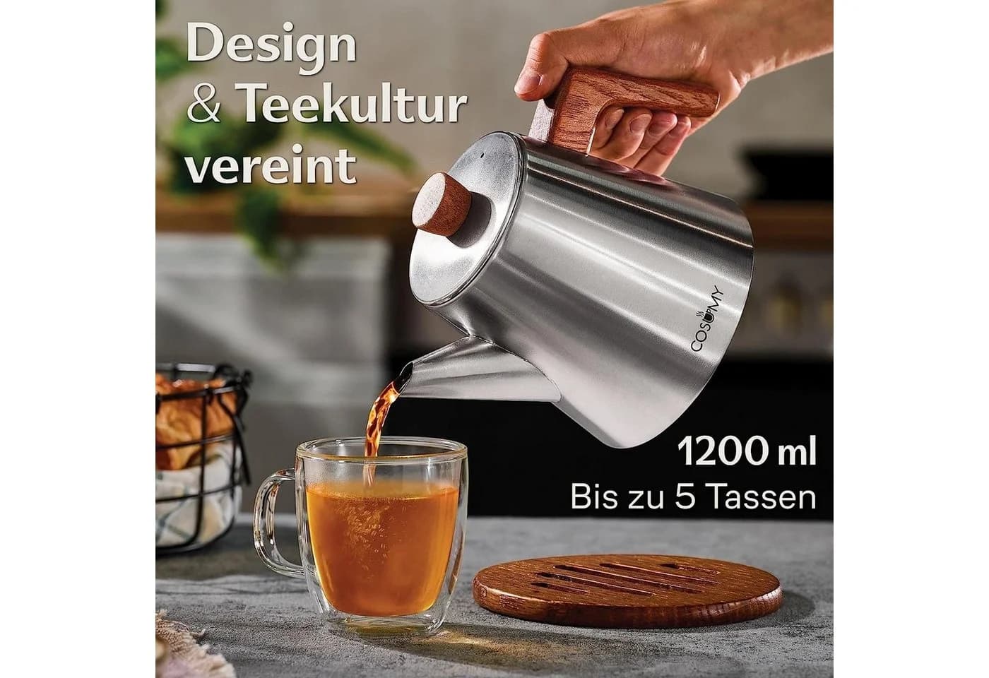 Cosumy Teekanne mit Sieb & Untersetzer Edelstahl FSC Holz Induktion 1,2l