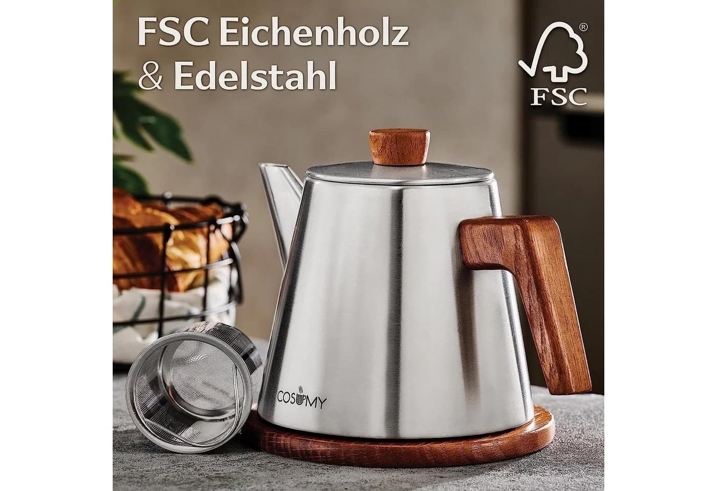 Cosumy Teekanne mit Sieb & Untersetzer Edelstahl FSC Holz Induktion 1,2l - Bild 3