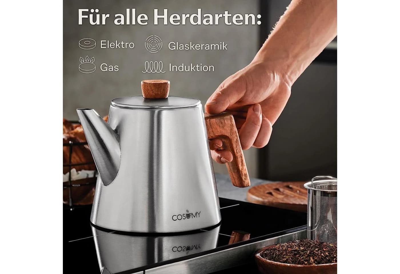 Cosumy Teekanne mit Sieb & Untersetzer Edelstahl FSC Holz Induktion 1,2l - Bild 4