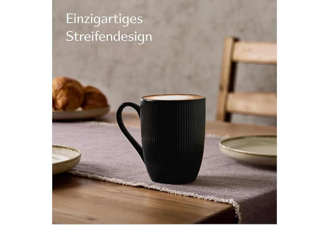 Cosumy Kaffeetassen 6er Set Schwarz Matt 350ml Keramik Streifenmuster