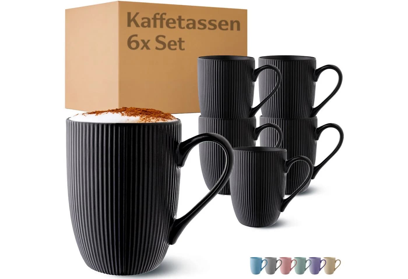 Cosumy Kaffeetassen 6er Set Schwarz Matt 350ml Keramik Streifenmuster - Bild 2