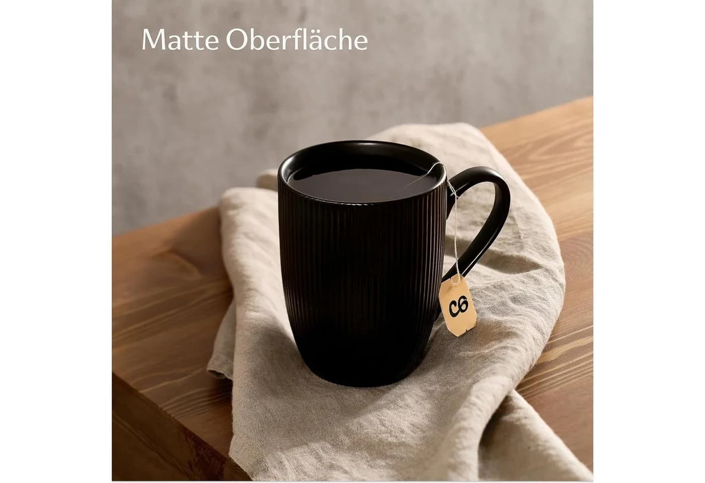 Cosumy Kaffeetassen 6er Set Schwarz Matt 350ml Keramik Streifenmuster - Bild 3
