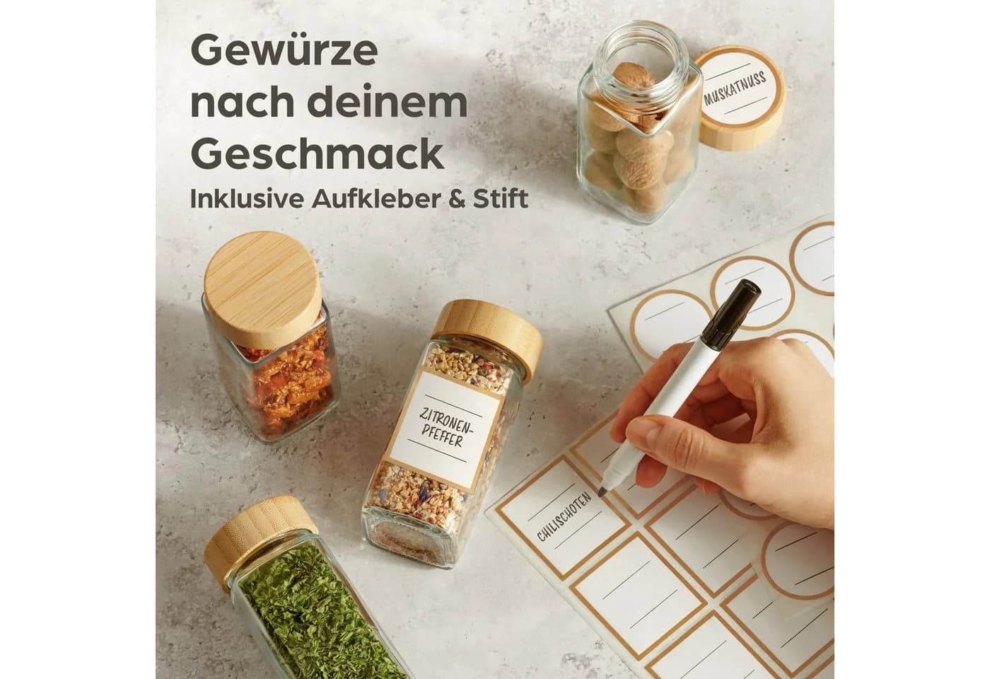 Praknu Gewürzstreuer Gewürzgläser Eckig mit Bambusdeckel - 12er Set - Bild 3