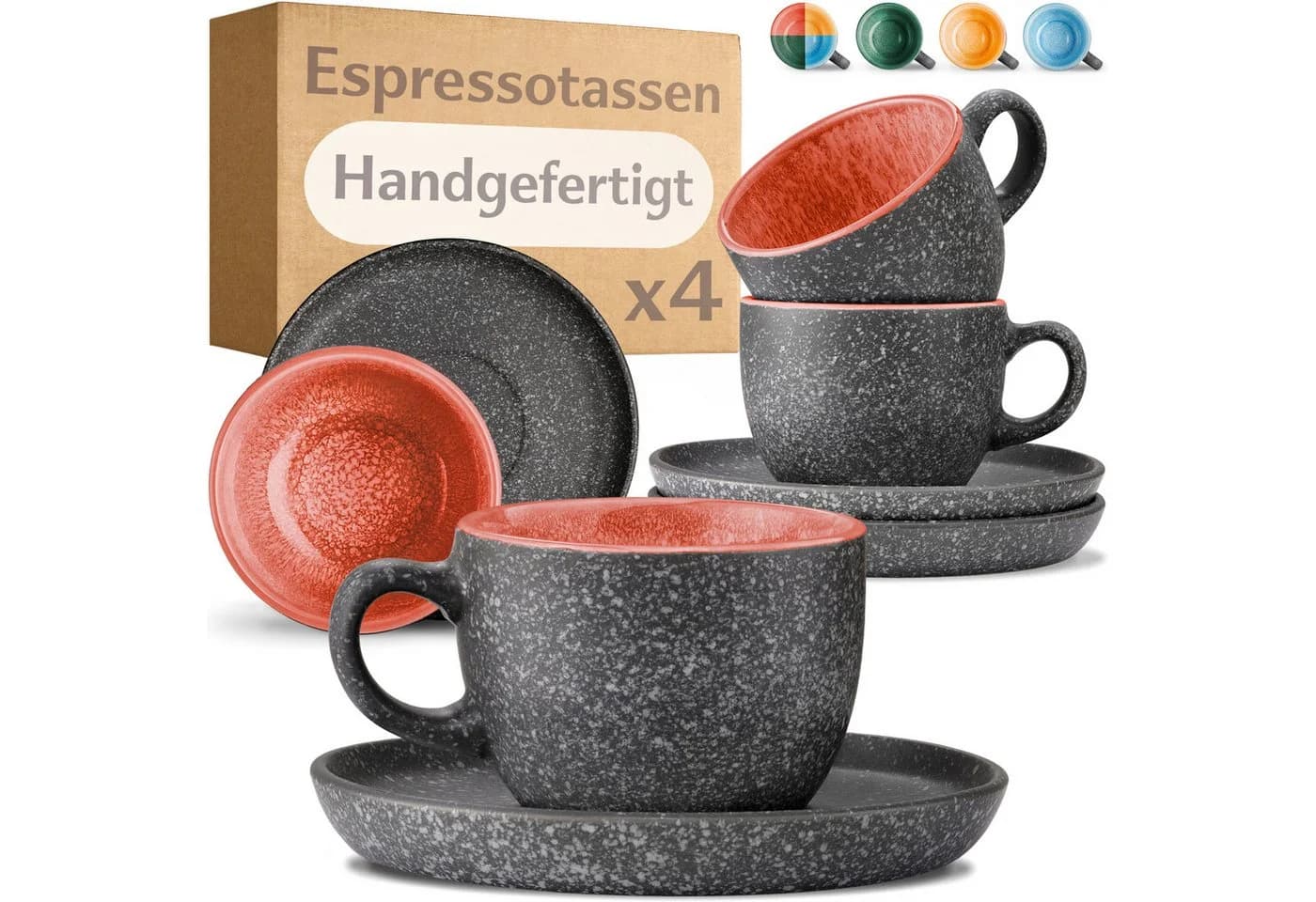 Cosumy Espressotassen 4er Set mit Untertassen 90 ml Keramik Rot - Bild 2