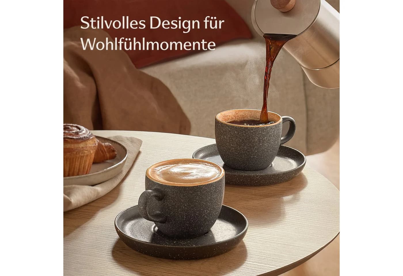 Cosumy Cappuccino Tassen mit Untertassen 4er Set Gelb Keramik