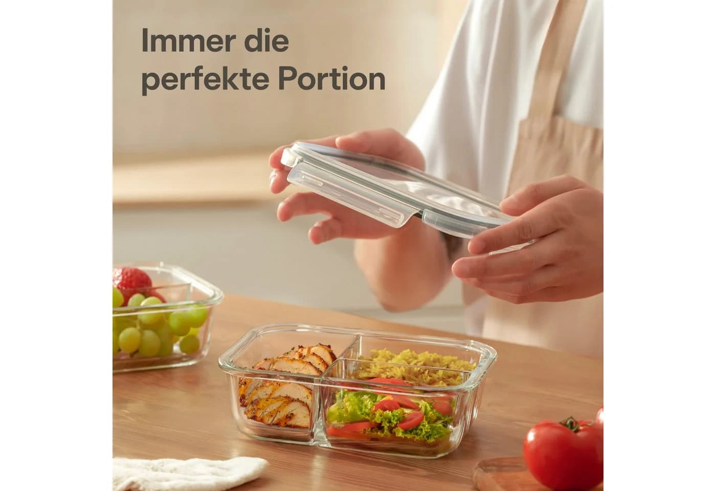 Praknu Lunchbox Glas 3 Fächer 1000ml 2er Set mit Deckel