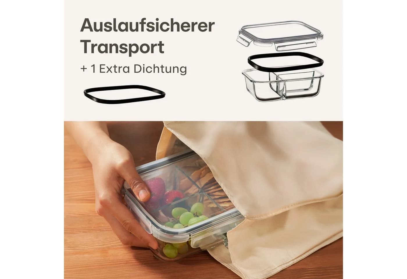 Praknu Lunchbox Glas 3 Fächer 1000ml 2er Set mit Deckel - Bild 3