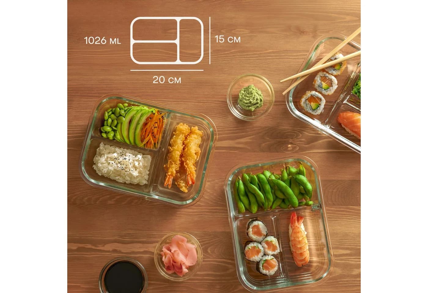 Praknu Lunchbox Glas 3 Fächer 1000ml 2er Set mit Deckel - Bild 5