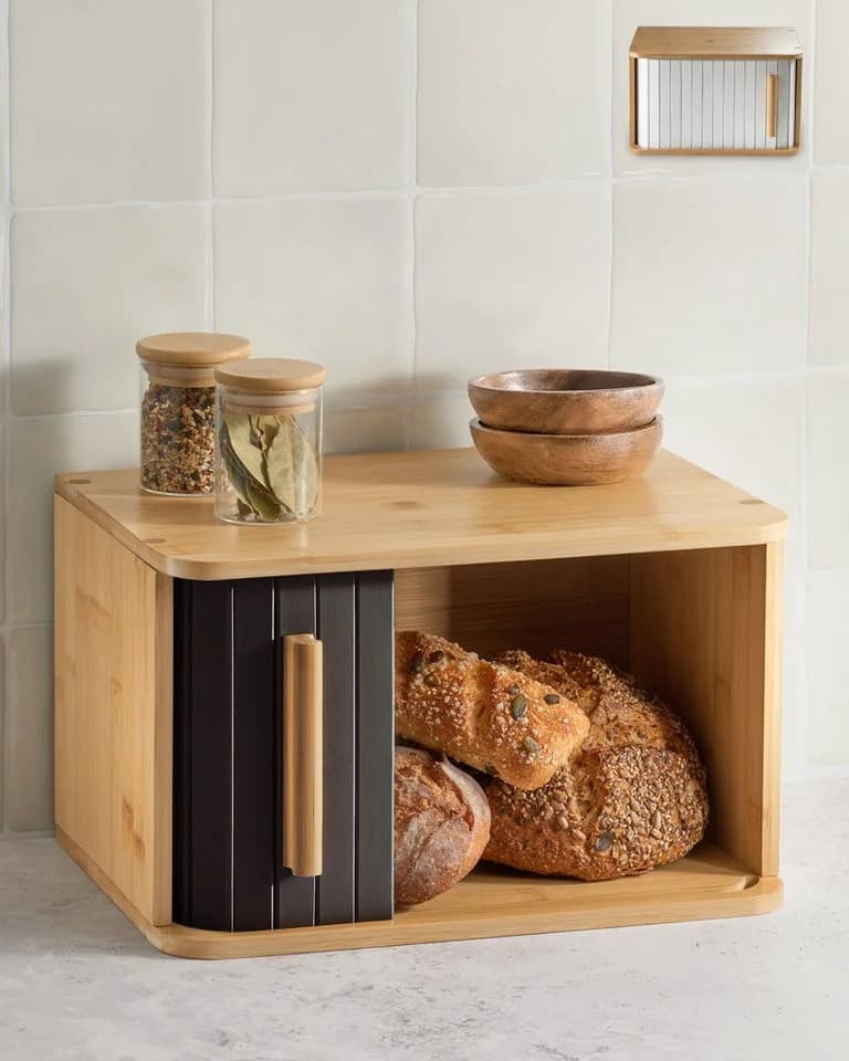 Praknu Brotkasten klein Bambus Schwarz mit Schiebetür - Bild 2