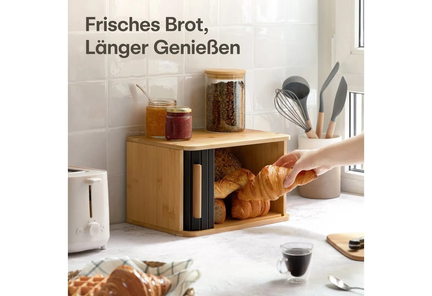Praknu Brotkasten klein Bambus Schwarz mit Schiebetür - Bild 3