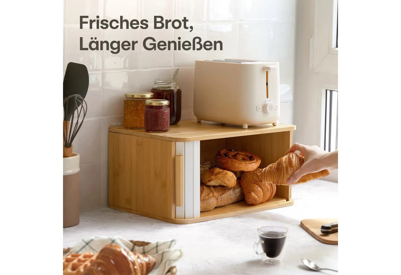Praknu Brotkasten Groß aus Bambus mit Schiebetür - Bild 3