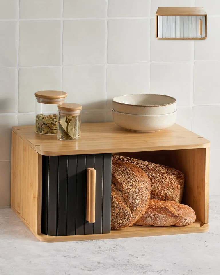 Praknu Brotkasten Groß Bambus Schwarz mit Schiebetür - Bild 2