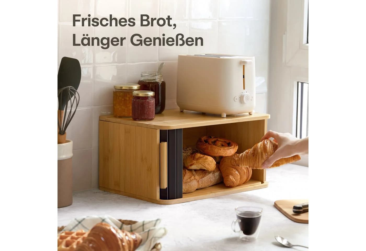 Praknu Brotkasten Groß Bambus Schwarz mit Schiebetür - Bild 3