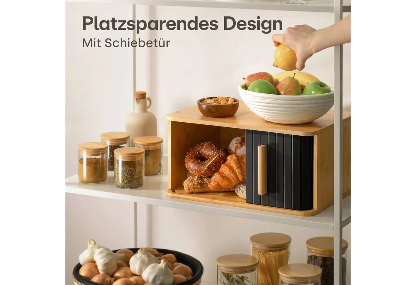 Praknu Brotkasten Groß Bambus Schwarz mit Schiebetür - Bild 4