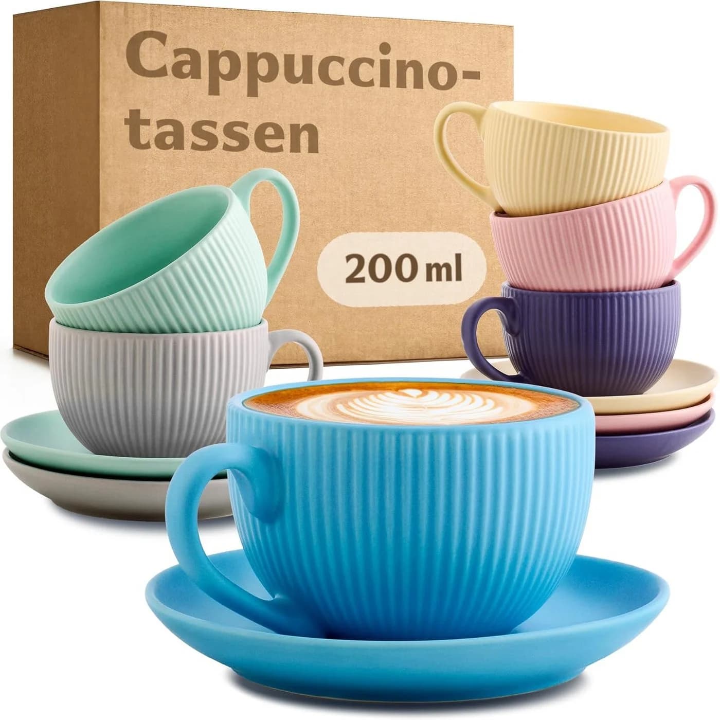 Cosumy Cappuccinotassen 6er Set mit Untertassen 200ml Keramik Matt Bunt - Bild 2