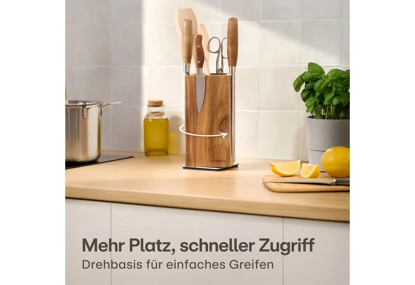 Praknu Magnet-Messerblock 360° drehbar Akazienholz Braun