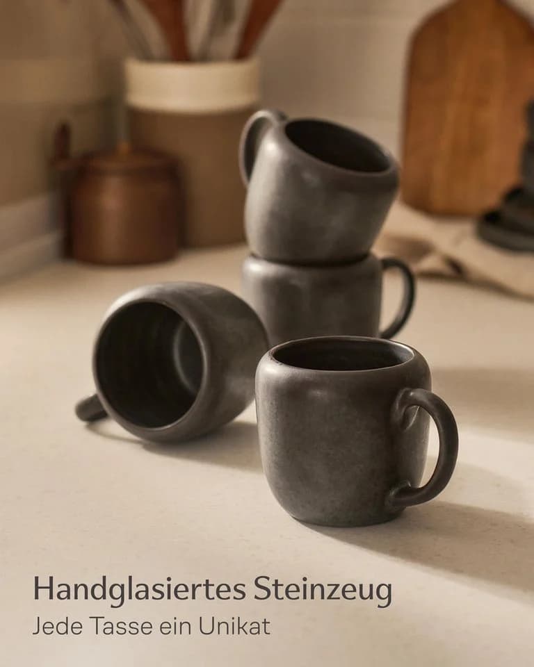 Cosumy Kaffeetassen Set 4-tlg. Schwarz Handglasiert Steingut
