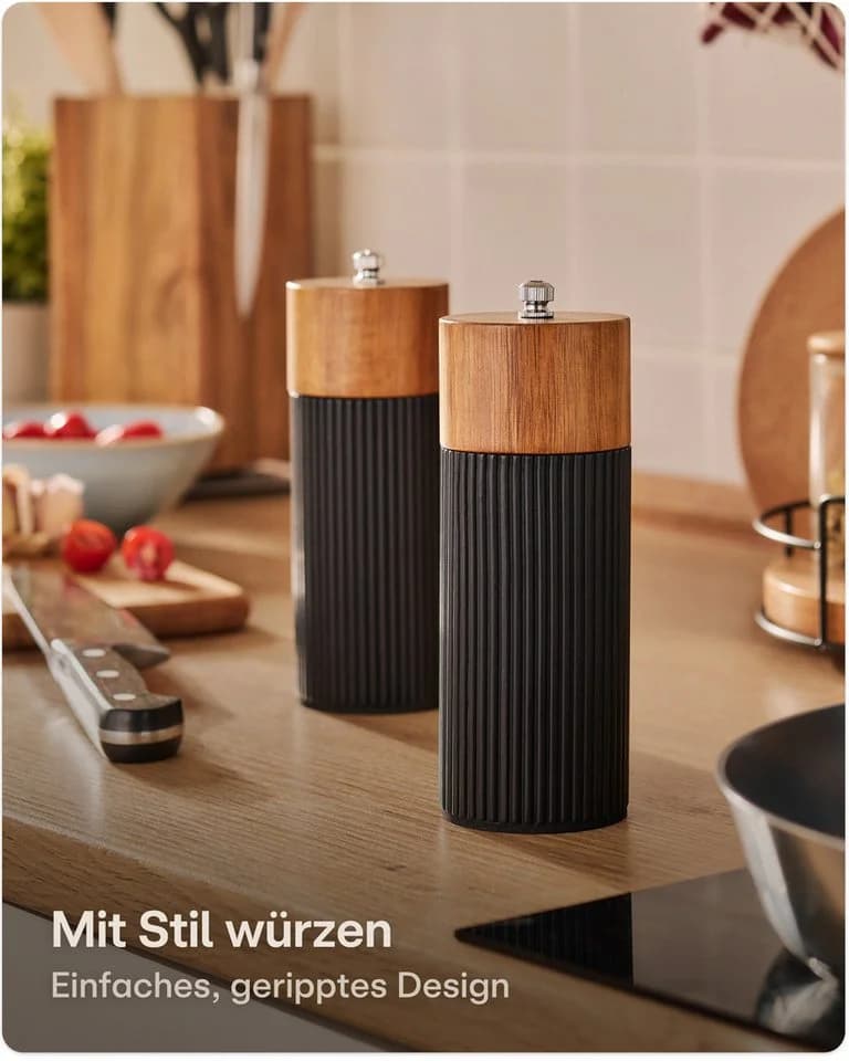 Praknu Salz- & Pfeffermühle Set Schwarz Akazienholz Keramikmahlwerk