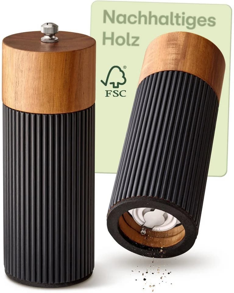 Praknu Salz- & Pfeffermühle Set Schwarz Akazienholz Keramikmahlwerk - Bild 2