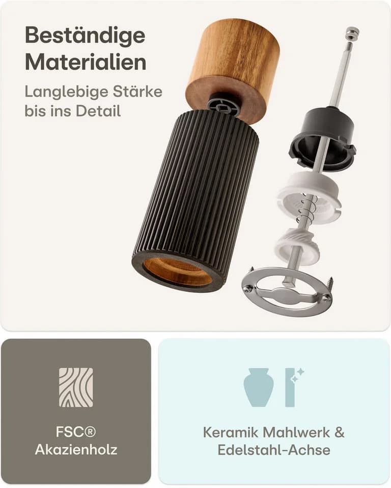 Praknu Salz- & Pfeffermühle Set Schwarz Akazienholz Keramikmahlwerk - Bild 3