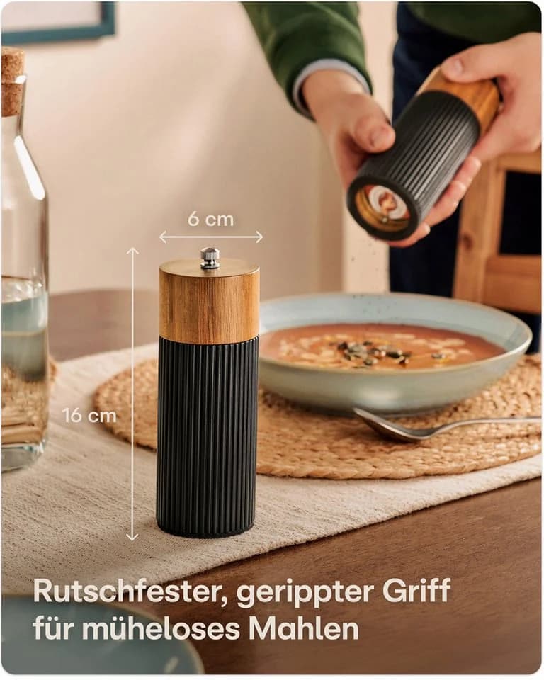 Praknu Salz- & Pfeffermühle Set Schwarz Akazienholz Keramikmahlwerk - Bild 5