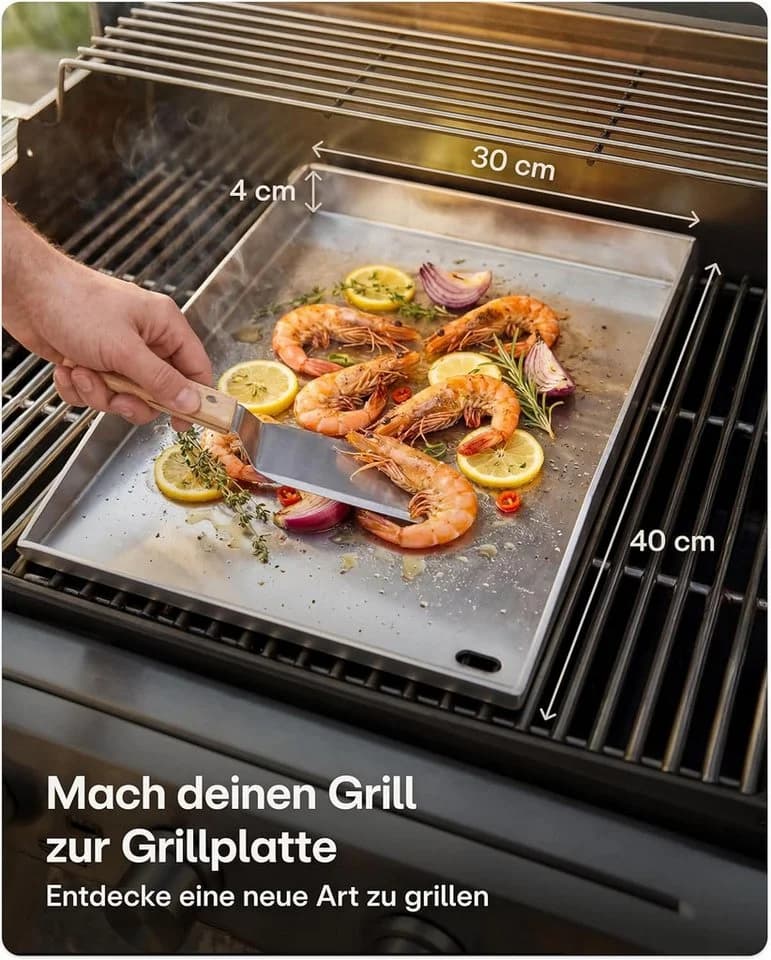 Praknu Grillplattenaufsatz Plancha Edelstahl 40x30cm mit Fettablauf & 2 Spatel