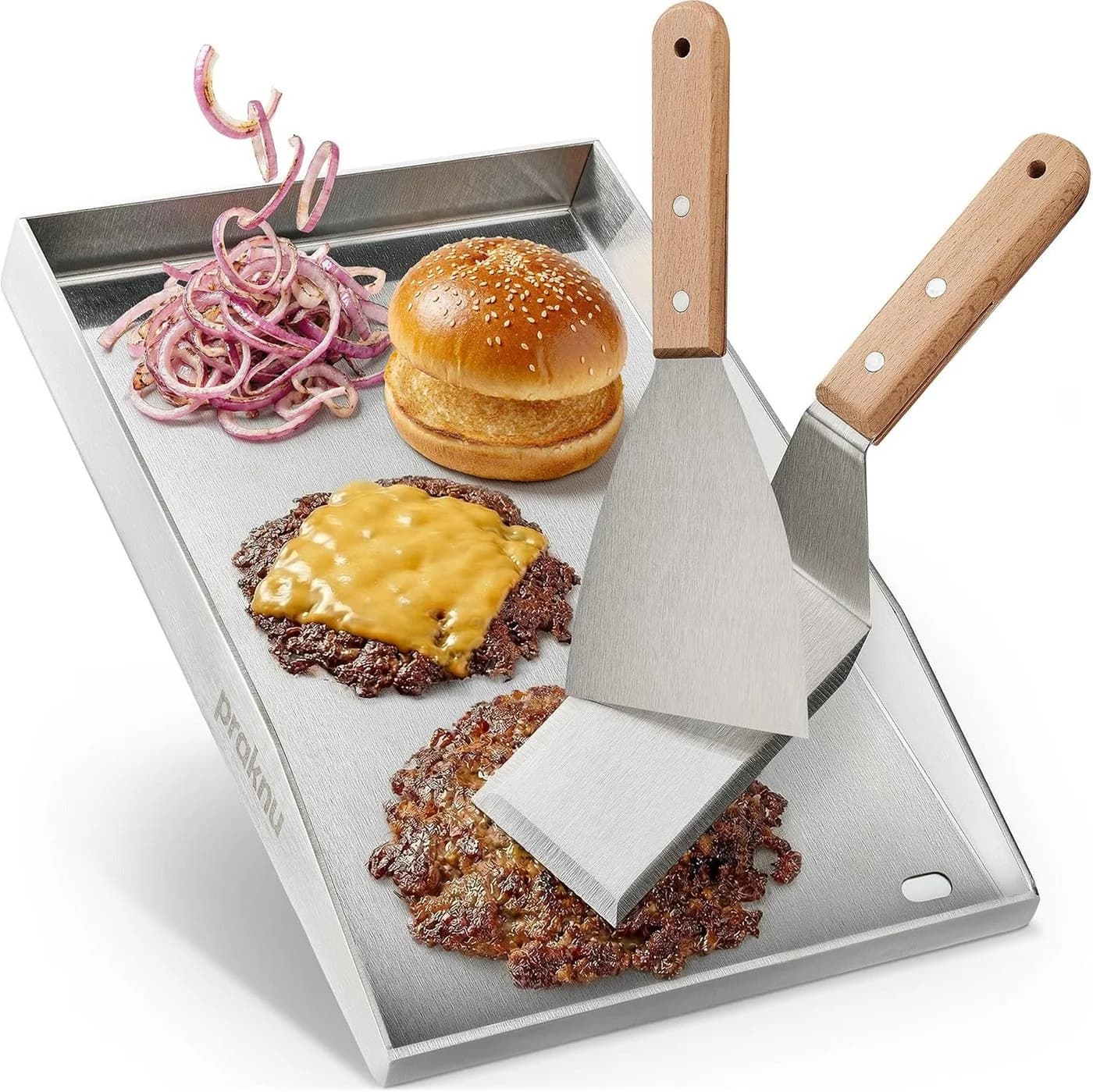 Praknu Grillplattenaufsatz Plancha Edelstahl 40x30cm mit Fettablauf & 2 Spatel - Bild 2