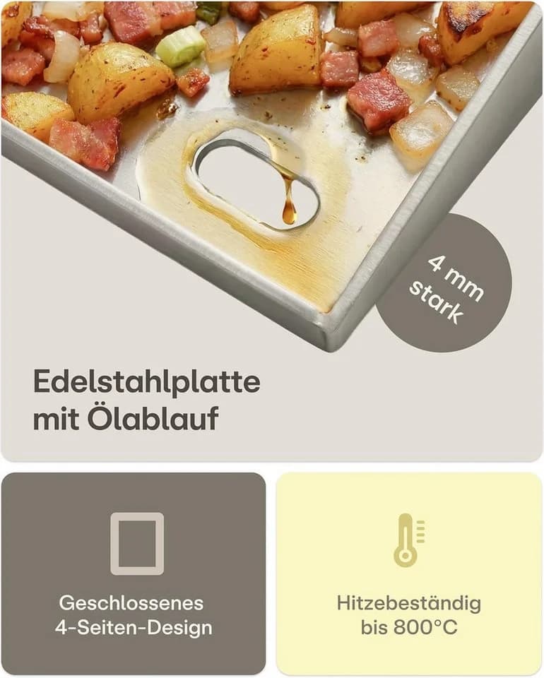 Praknu Grillplattenaufsatz Plancha Edelstahl 40x30cm mit Fettablauf & 2 Spatel - Bild 3