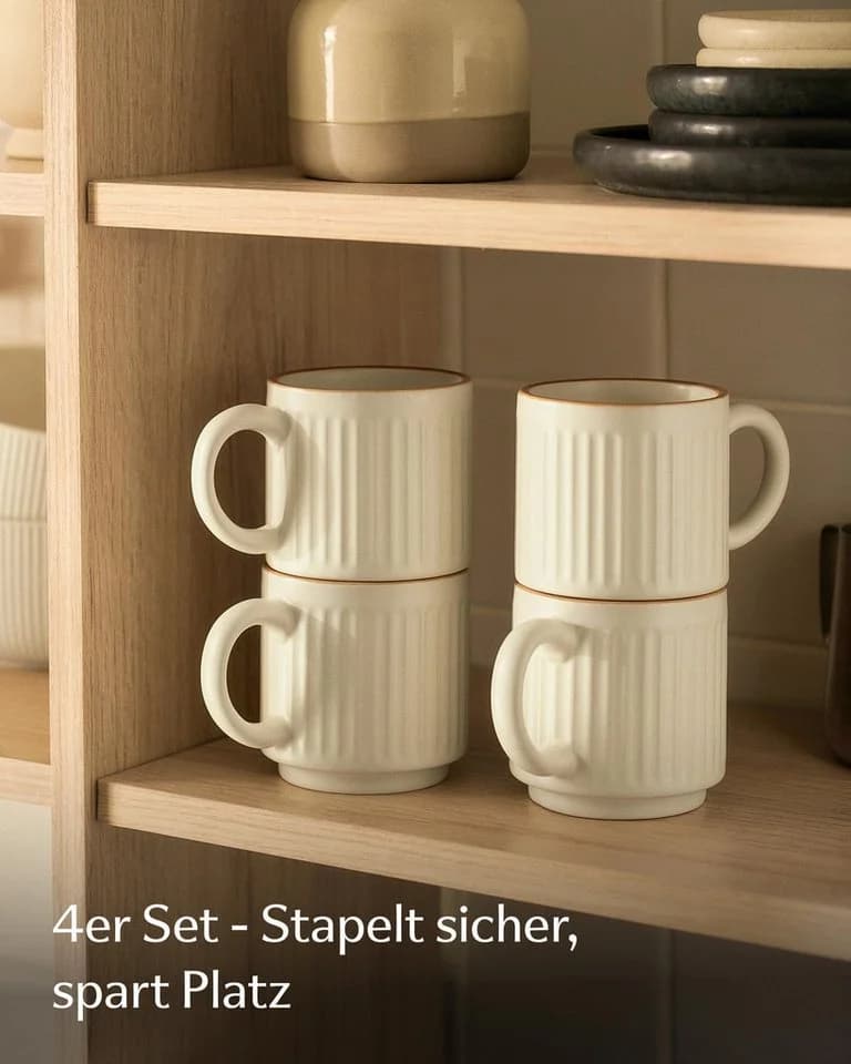 Cosumy Kaffeetassen Set 4-tlg. Beige Keramik Stapelbar Rillenoptik