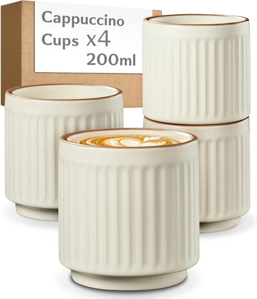 Cosumy Kaffeetassen Set 4-tlg. Beige Keramik Stapelbar Rillenoptik - Bild 2