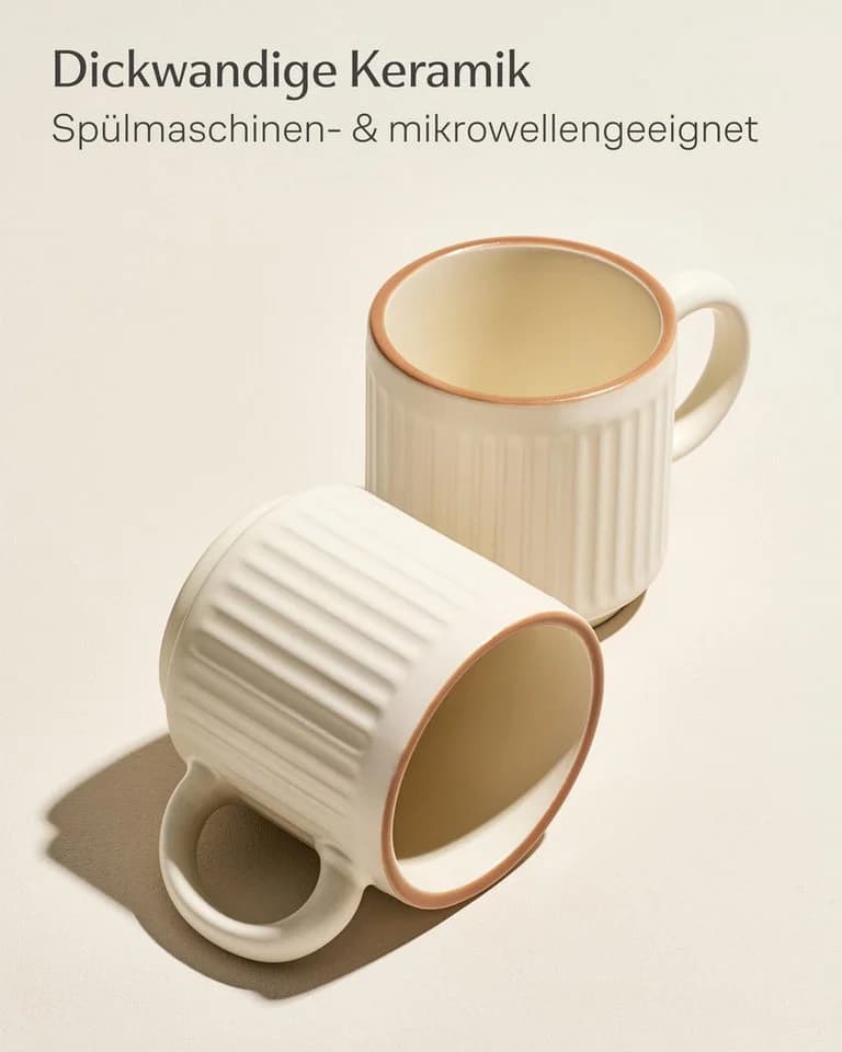 Cosumy Kaffeetassen Set 4-tlg. Beige Keramik Stapelbar Rillenoptik - Bild 4
